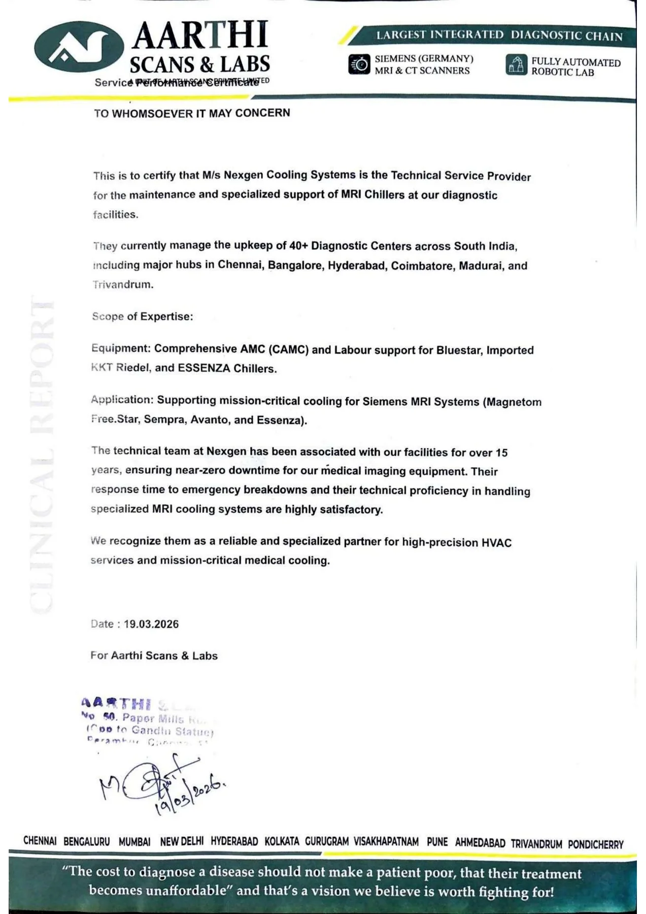 Complete Aarthi Scans and Labs service performance certificate issued to Nexgen Cooling Systems