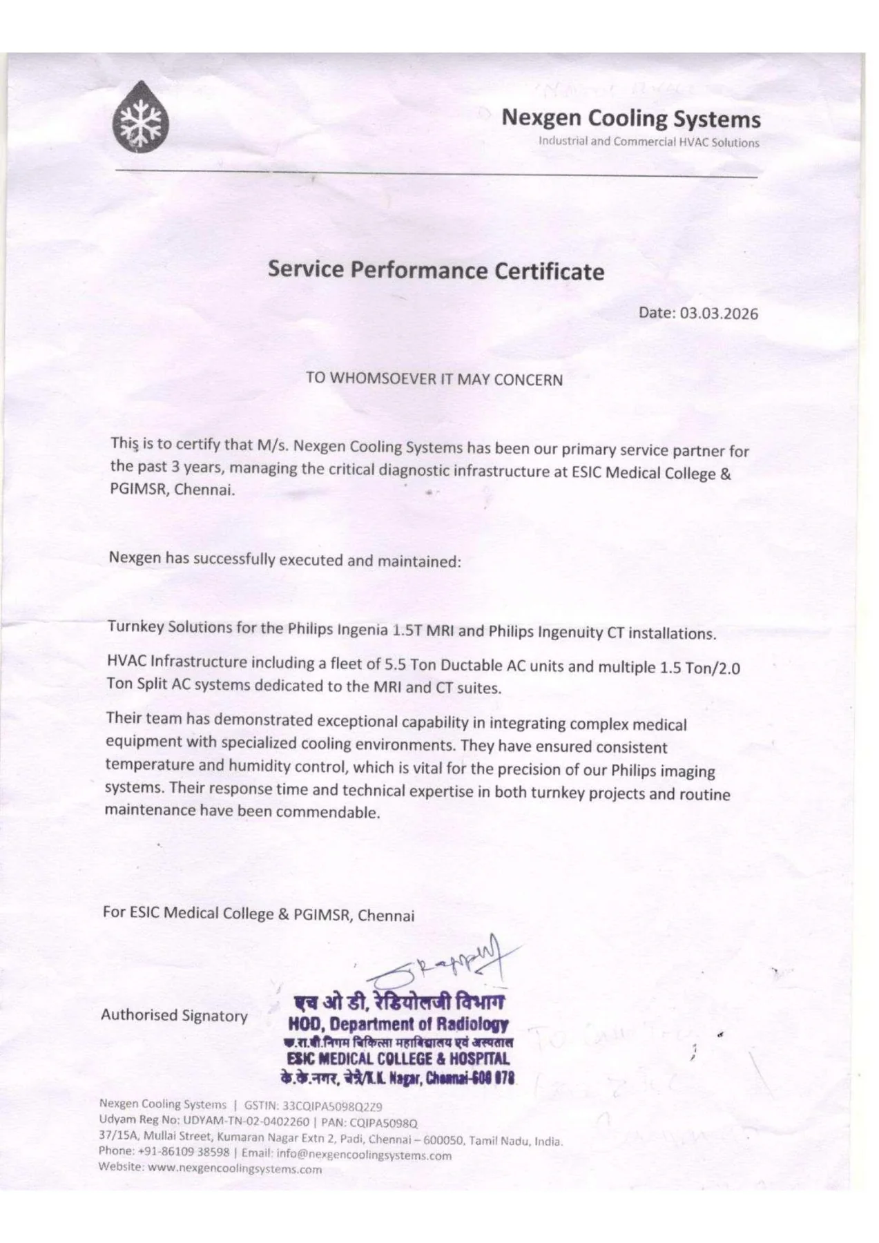 Complete ESIC Medical College and PGIMSR service performance certificate issued to Nexgen Cooling Systems