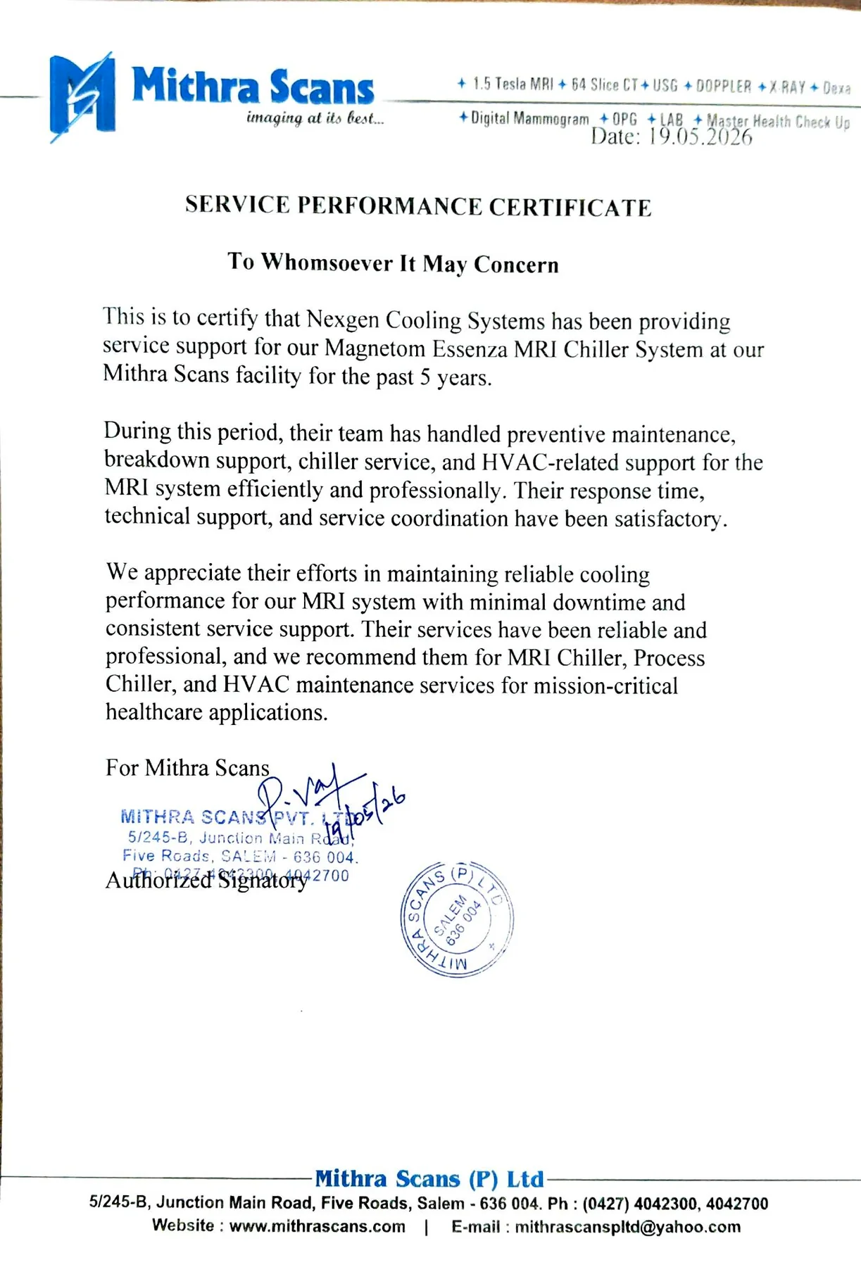 Complete Mithra Scans service performance certificate issued to Nexgen Cooling Systems